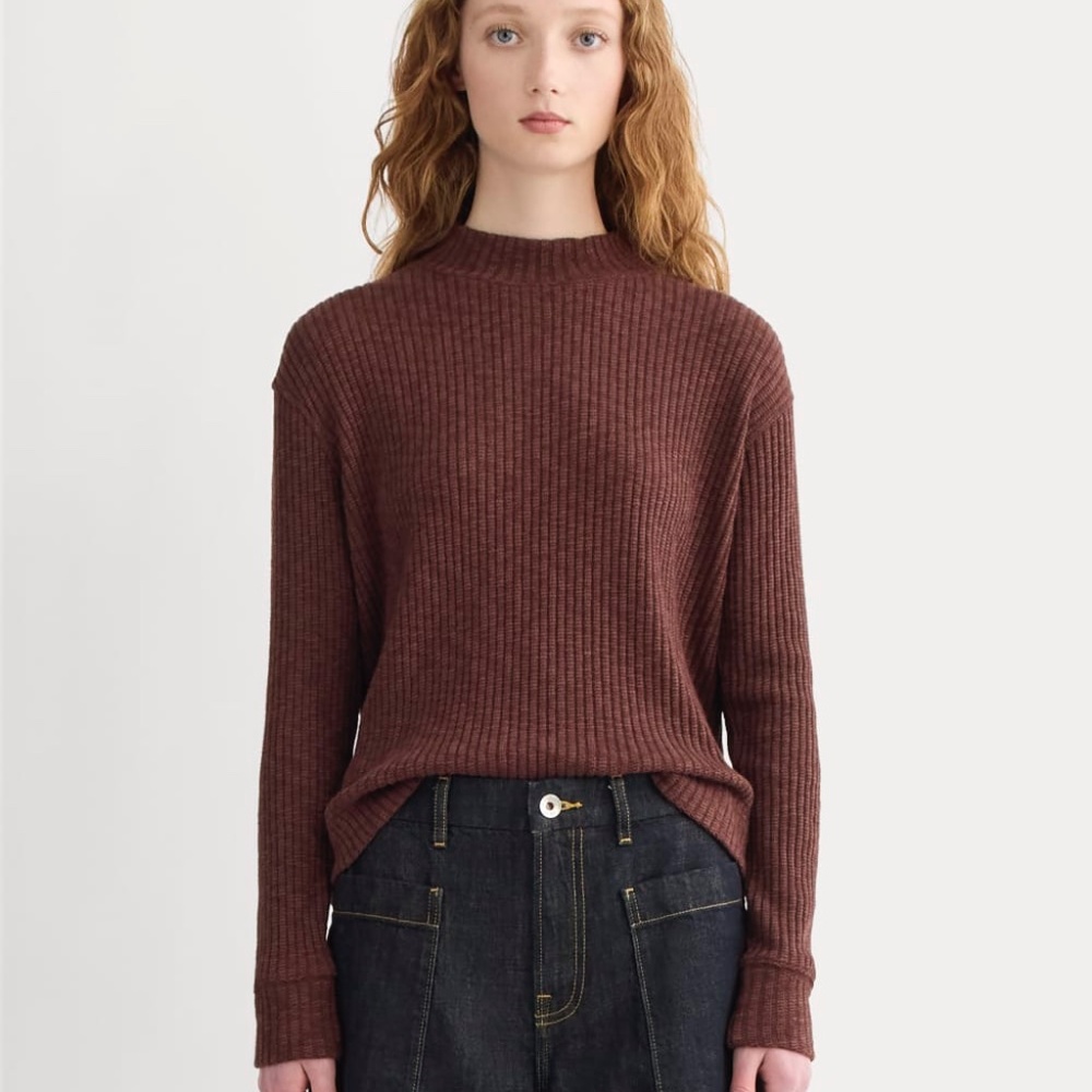 Everlane Cozy Rib Funnel-Neck in Dark Mahogany, Size Medium - Picture 3 of 3